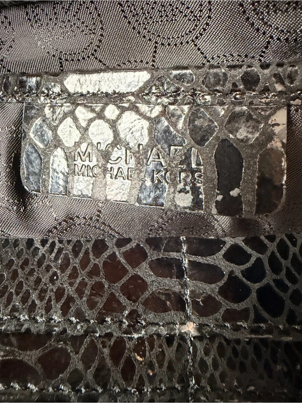 Michael Kors Black Embossed Snakeskin Clutch with Metallic Trim